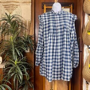 Plaid High Neck Tunic Dress M Urban Outfitters Cottagecore Grunge Prairie Blue